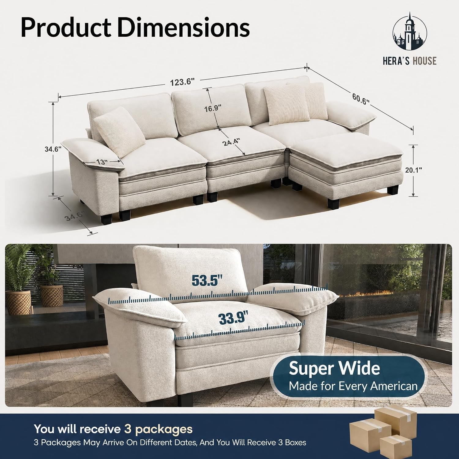 124" Oversized Modular Sectional L Shaped Sofa,Chenille White
