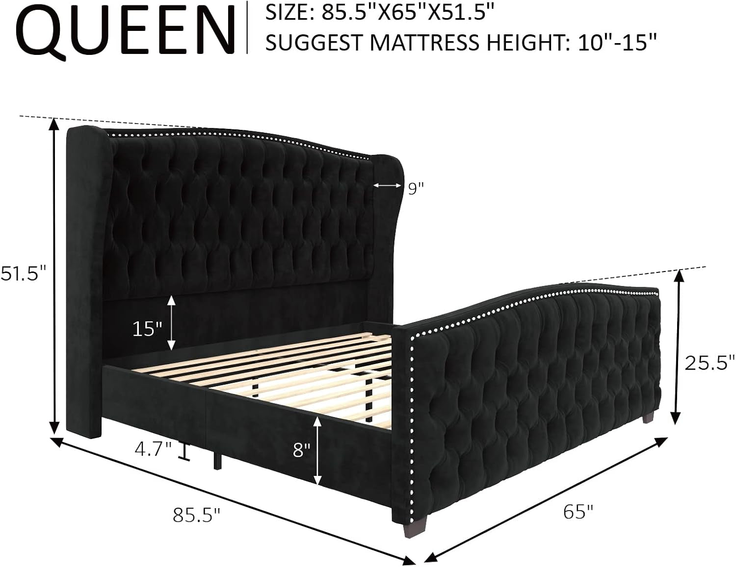 Queen Size Bed Frame with Velvet Upholstered Wingback Headboard