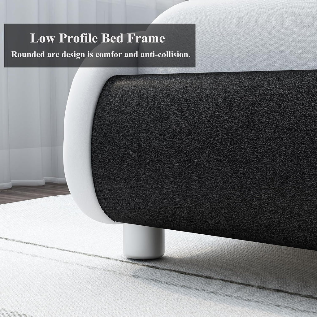 Upholstered Queen LED Bed Frame with Headboard, Modern Low Profile Platform Bed with Strong Slats Support, Faux Leather Wave-Like Bed Frame, Easy Assembly, No Box Spring Needed, Blackwhite