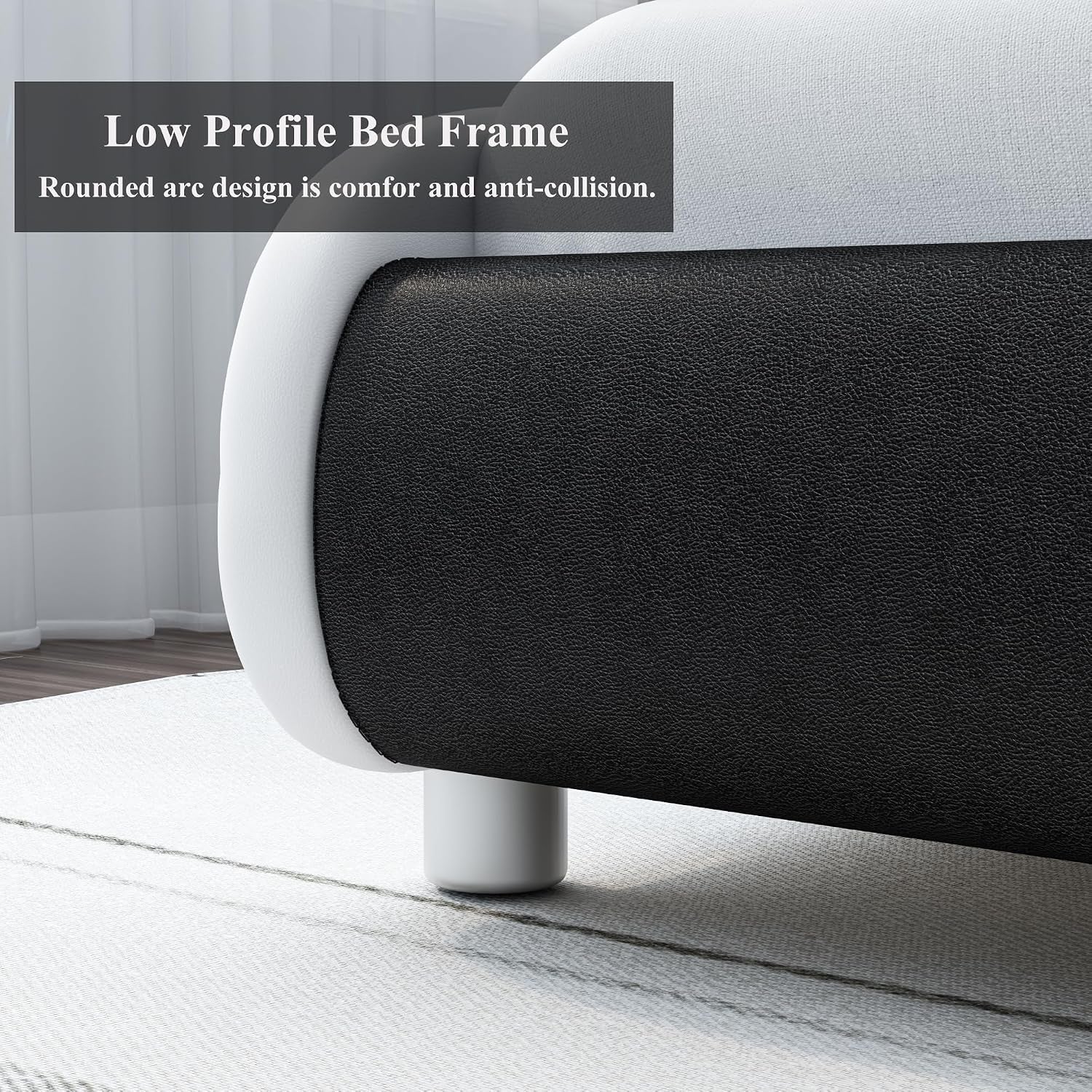 Upholstered Queen LED Bed Frame with Headboard, Modern Low Profile Platform Bed with Strong Slats Support, Faux Leather Wave-Like Bed Frame, Easy Assembly, No Box Spring Needed, Blackwhite
