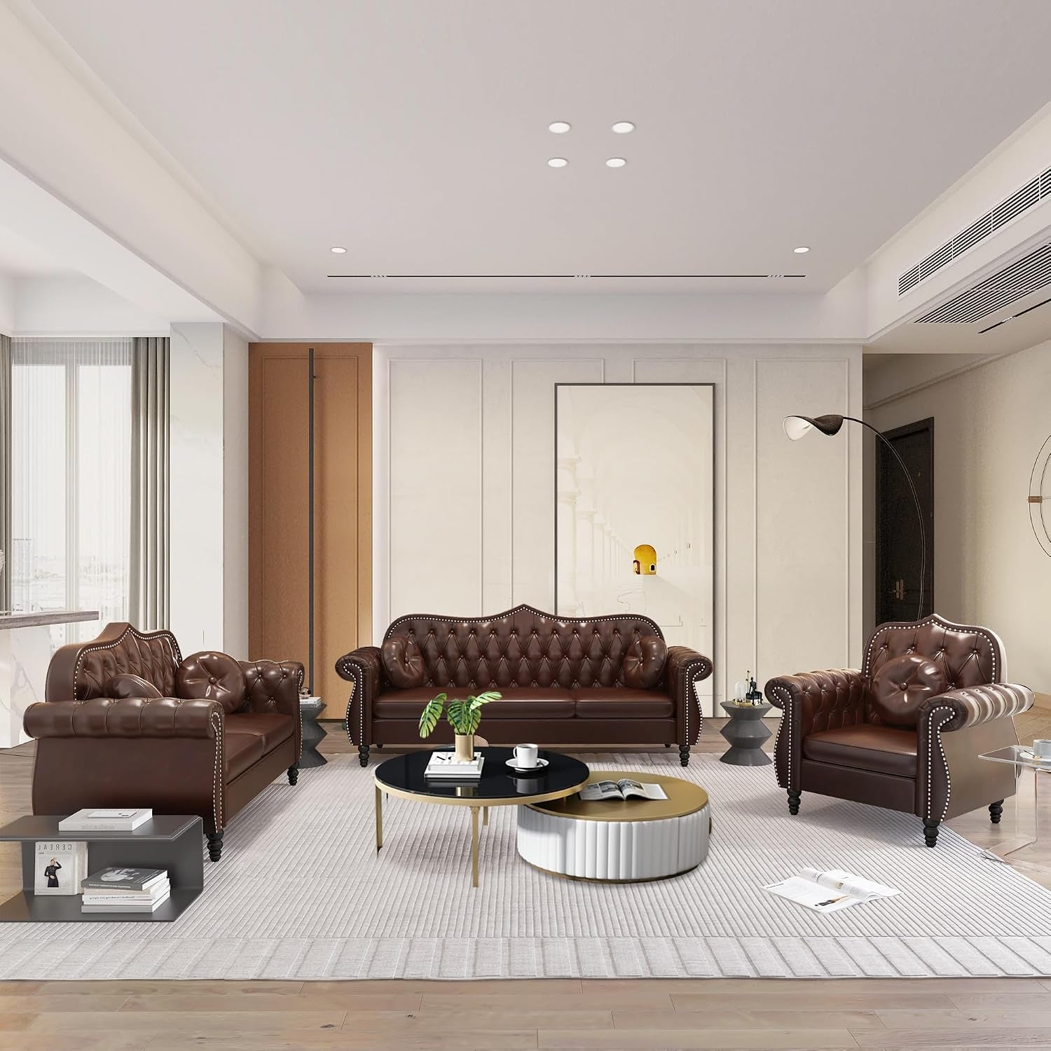 Chesterfield 2-Piece Living Room Sectional Sofa Set, Mid-Century Modern Upholstered PU Sofa Couch, Classic Tufted Button Sofa with Nailhead Trim for Living Room, Office (1+3 Seat Brown)