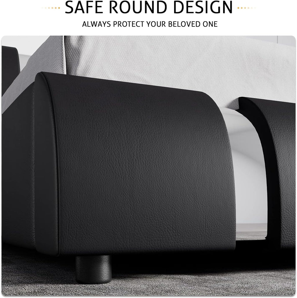 King Bed Frame with Iron Pieces Decor, Faux Leather, Black
