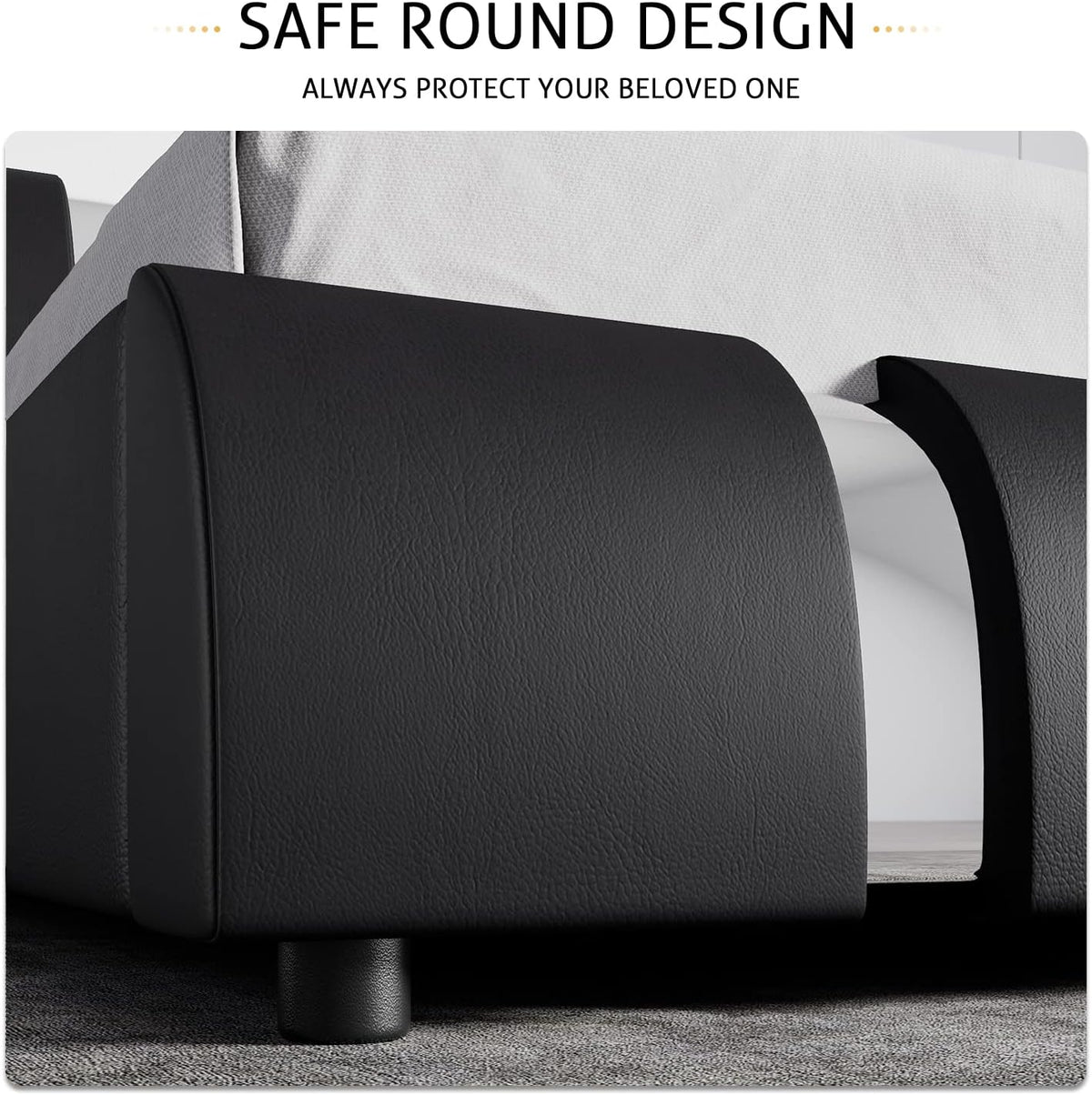 Queen Bed Frame with Iron Pieces Decor, Faux Leather, Black