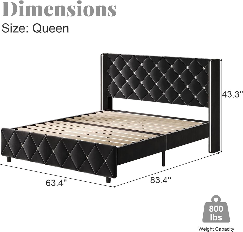 Queen Bed Frame with Silverside Wingback Headboard, Black