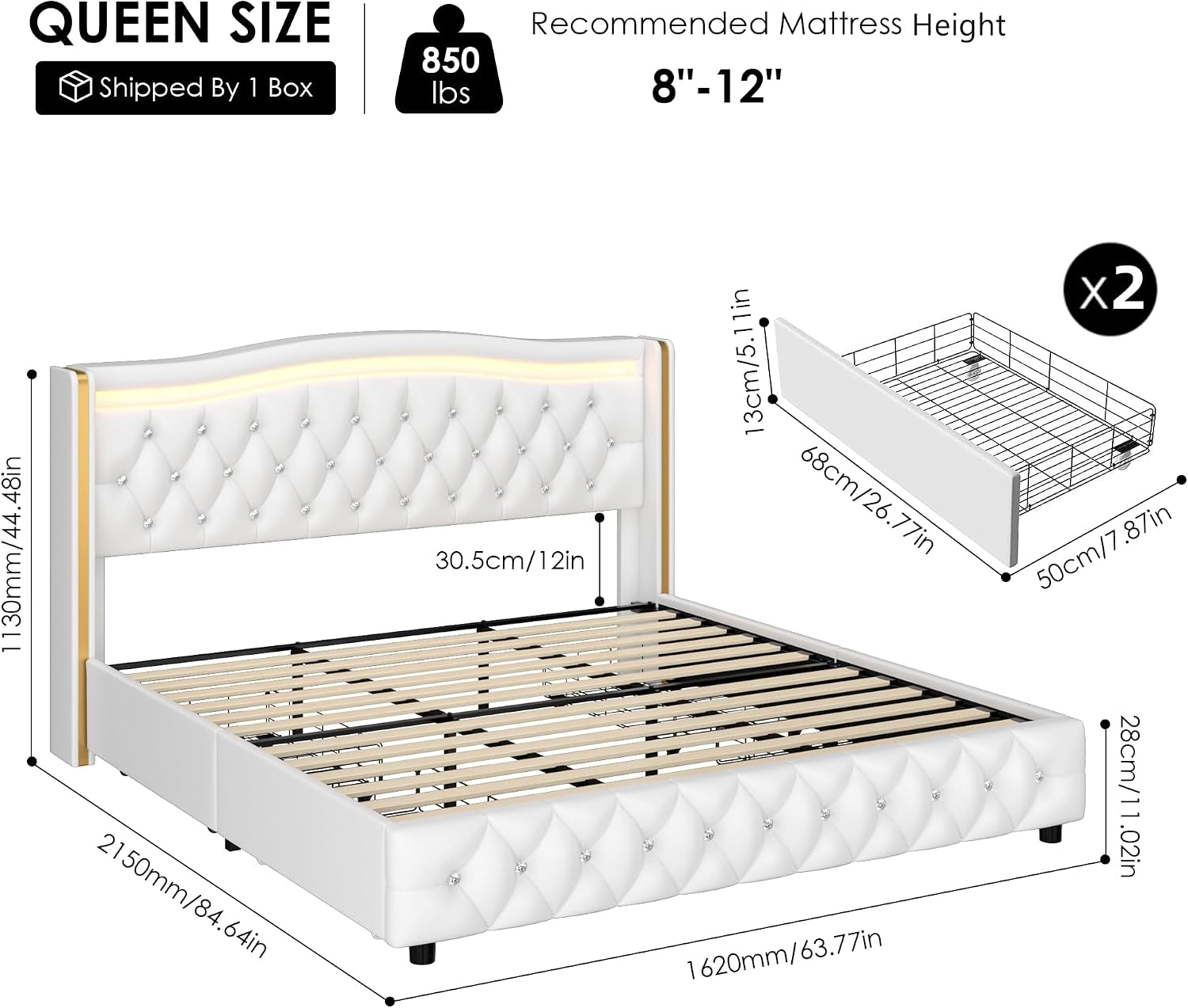 Upholstered Queen Size Bed Frame with LED Light & Storage, White PU Leather