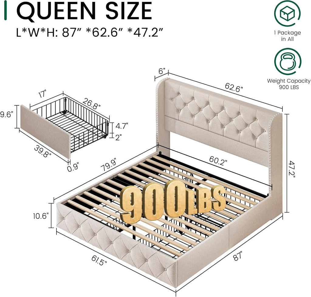 Queen Size Bed Frame with 4 Storage Drawers and 47.2" Tall Tufted Headboard Linen Upholstered Platform Bed Frame Wingback Beds with Wooden Slats Support, Easy Assembly, Beige