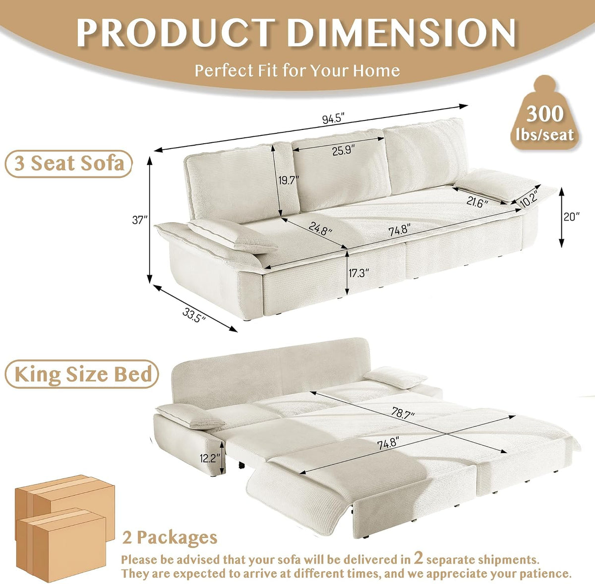 94.5'' King Size Sleeper Sofa Bed, Comfy Corduroy Pull Out Couch, Beige