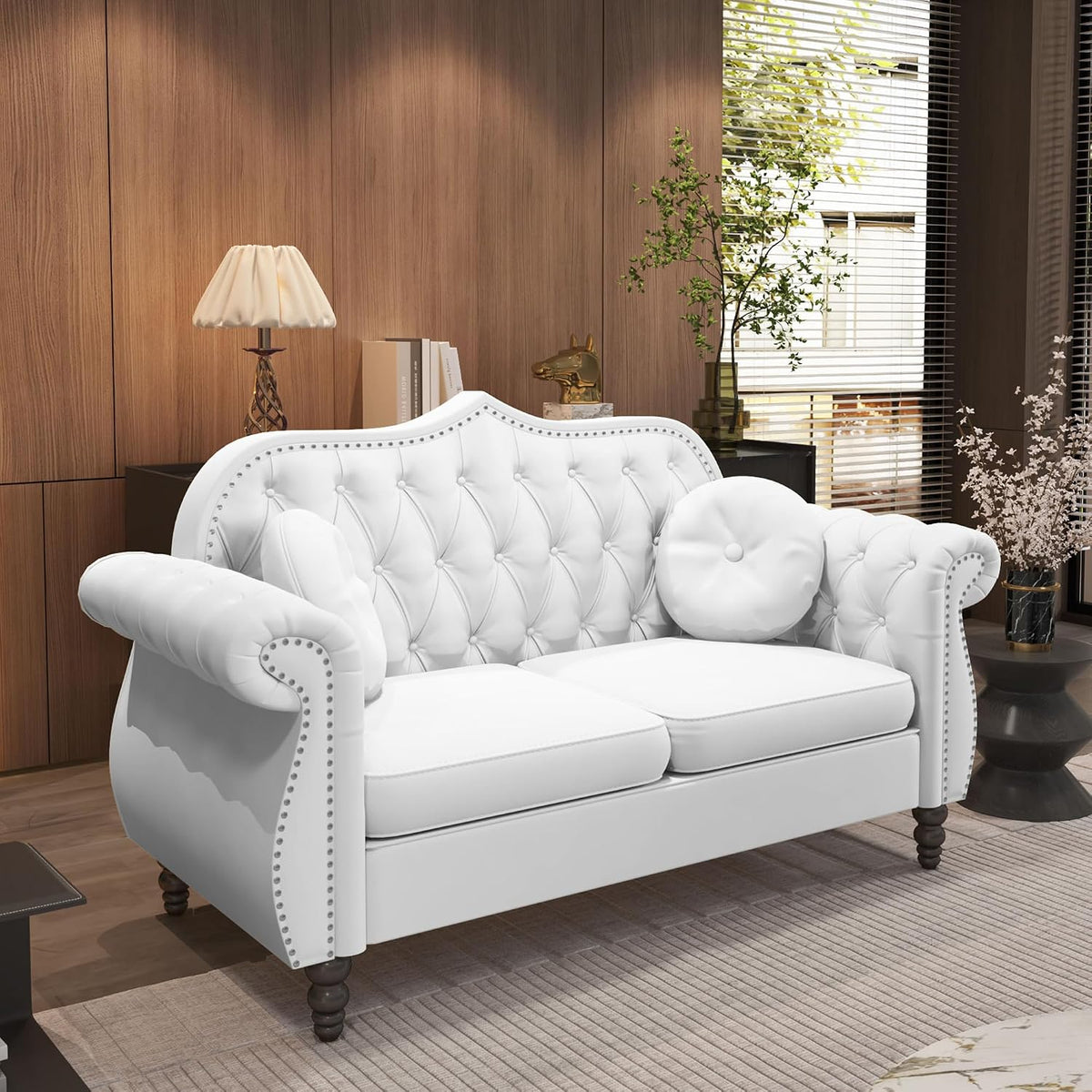 3-Piece Living Room Sectional Sofa Set, Mid-Century Modern Chesterfield Upholstered Velvet Sofa Couch, Classic Tufted Button White Couch with Nailhead Trim for Living Room, Office (White)