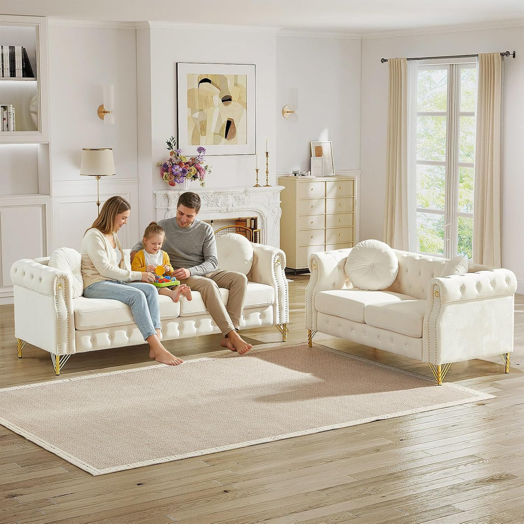 2 Pieces Chesterfield Sofa Set, Velvet Mid Century Modern Couch with Button Tufted & Rivet, Comfy Loveseat Sofa with Armrest Ring & Gold Leg, Cloud 3-Seater Couch for Living Room(60.5"W + 82"W, Beige)
