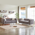 2-Piece Luxury Chesterfield Sofa Set with 2 Velvet 3-Seater Sofa, Mid-Century 6-Seater Tufted Buttons Couch Set with 4 Pillows & High-Density Foam Cushions, Easy Assembly, for Living Room, Grey