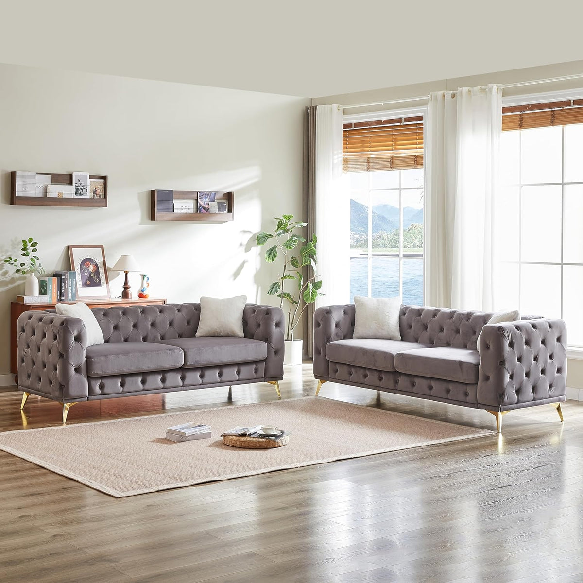 2-Piece Luxury Chesterfield Sofa Set with 2 Velvet 3-Seater Sofa, Mid-Century 6-Seater Tufted Buttons Couch Set with 4 Pillows & High-Density Foam Cushions, Easy Assembly, for Living Room, Grey