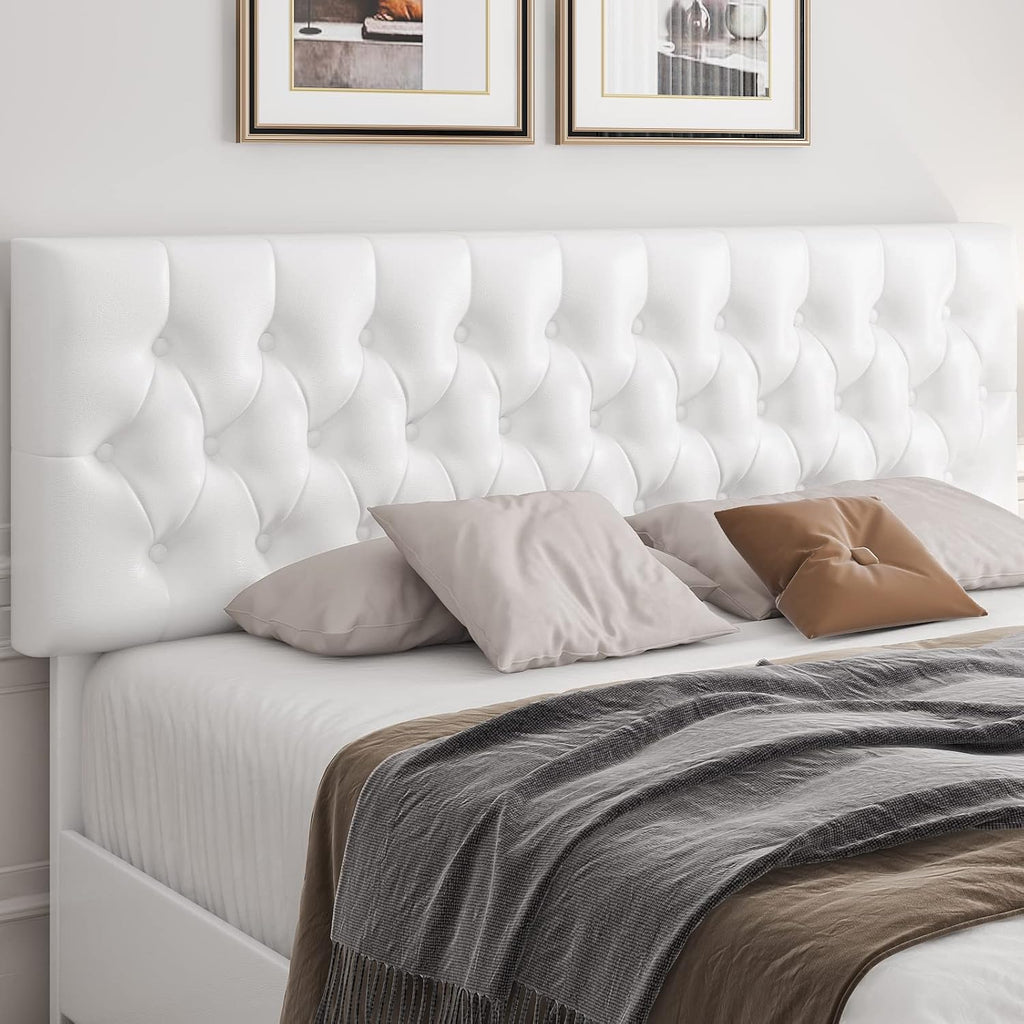 Queen Size Upholstered Platform Bed Frame with 4 Storage Drawers, Modern White Faux Leather Bed with Adjustable Button Tufted Headboard, Solid Wooden Slat Support, Easy Assembly