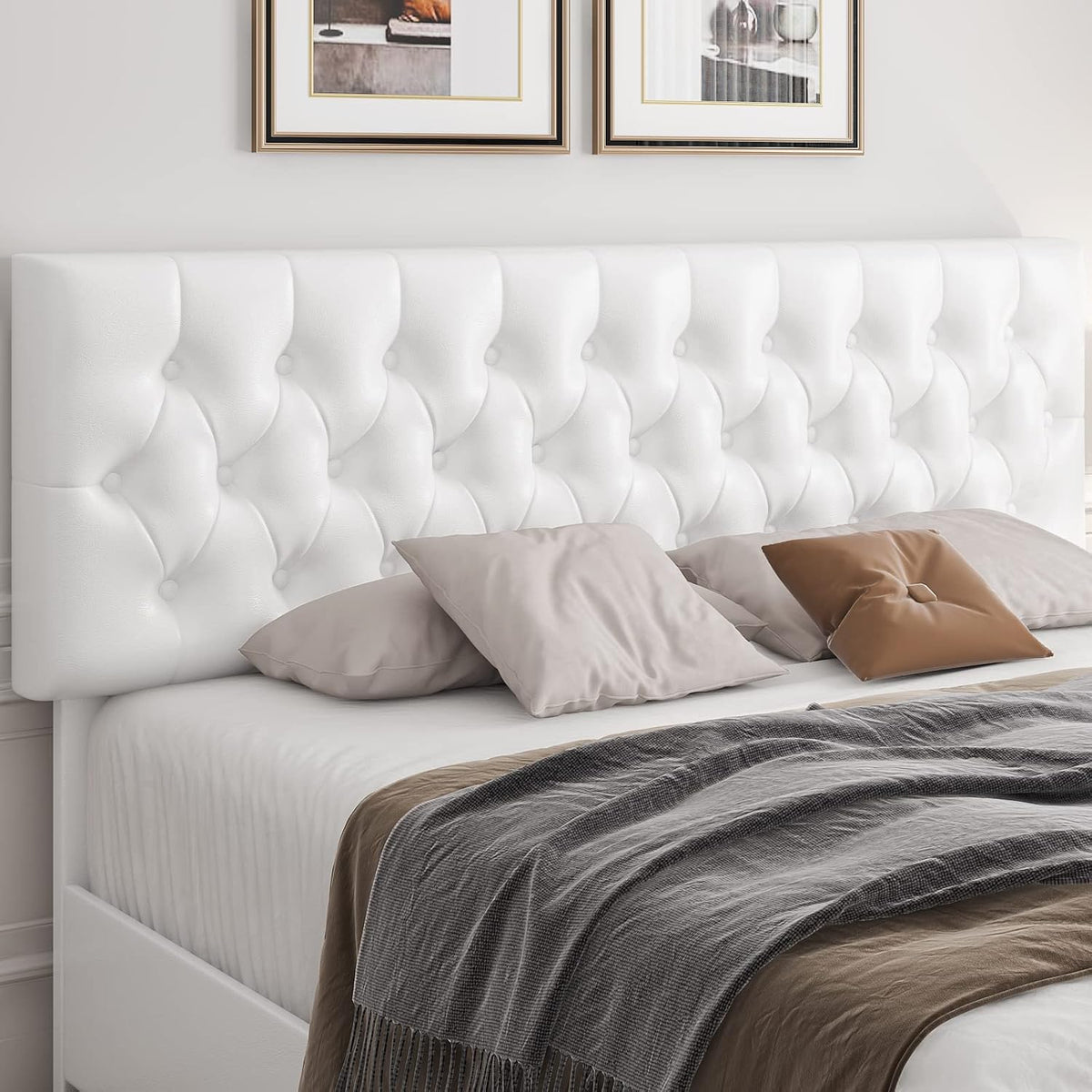 Queen Size Upholstered Platform Bed Frame with 4 Storage Drawers, Modern White Faux Leather Bed with Adjustable Button Tufted Headboard, Solid Wooden Slat Support, Easy Assembly