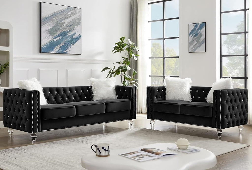 2 Piece Chesterfield Sofa Couch Set for Living Room,Luxury Crystal Button Tufted Sofas with Silver Nailhead Trim Set of 2,Including a Loveseat and a 3 Seater Sofa for Apartment,Velvet Black