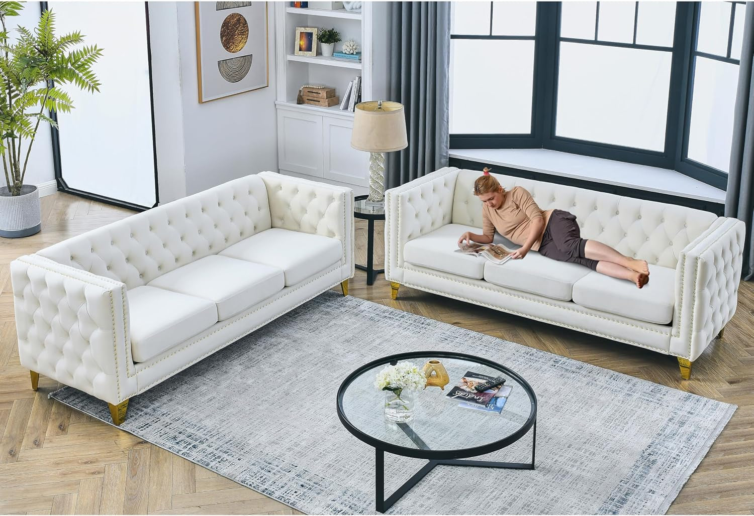 2 Pieces Beige 81" 3-Seater Velvet Sofa Set, Buttons Tufted and Square Arm, Inlaid Gold Nail Heads and 4 Golden Metal Legs for Living Room