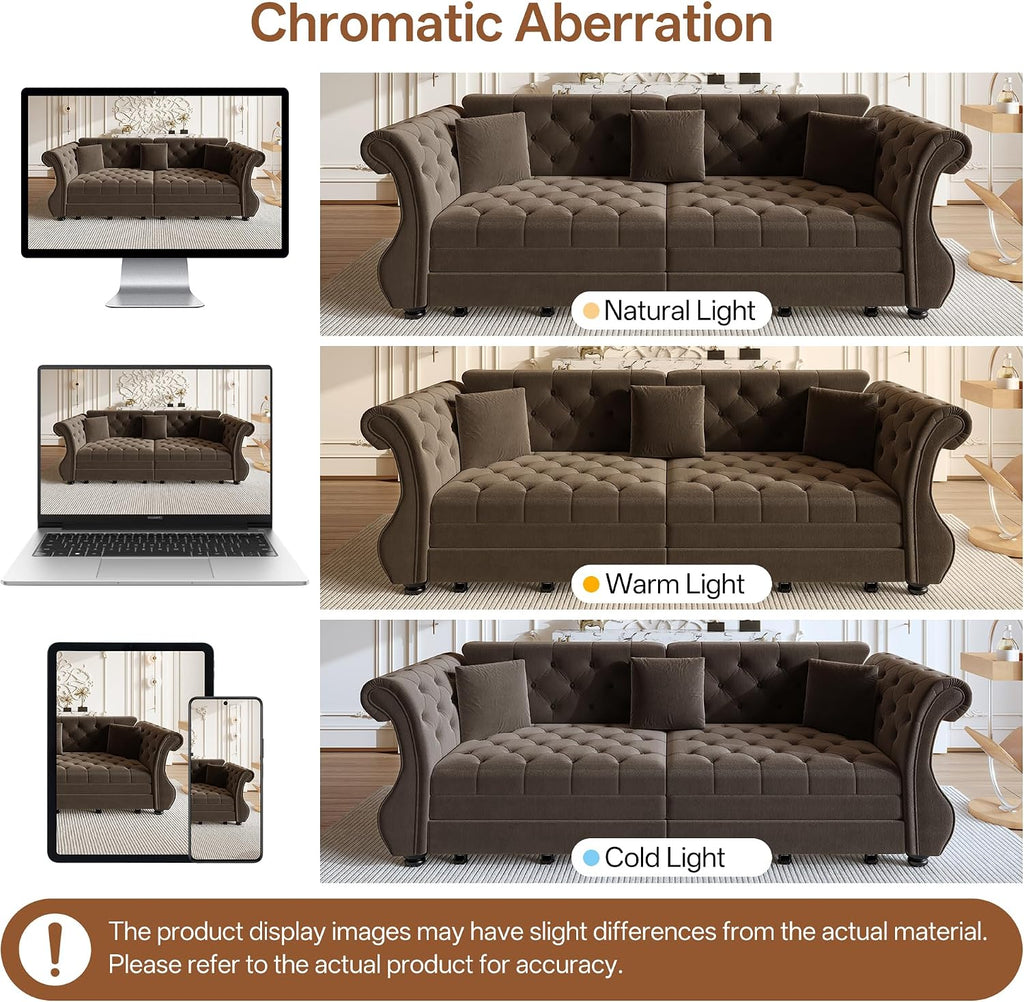 Sleeper Sofa Bed 97.6", Velvet Pull Out Couch, Chesterfield Sofa, Brown