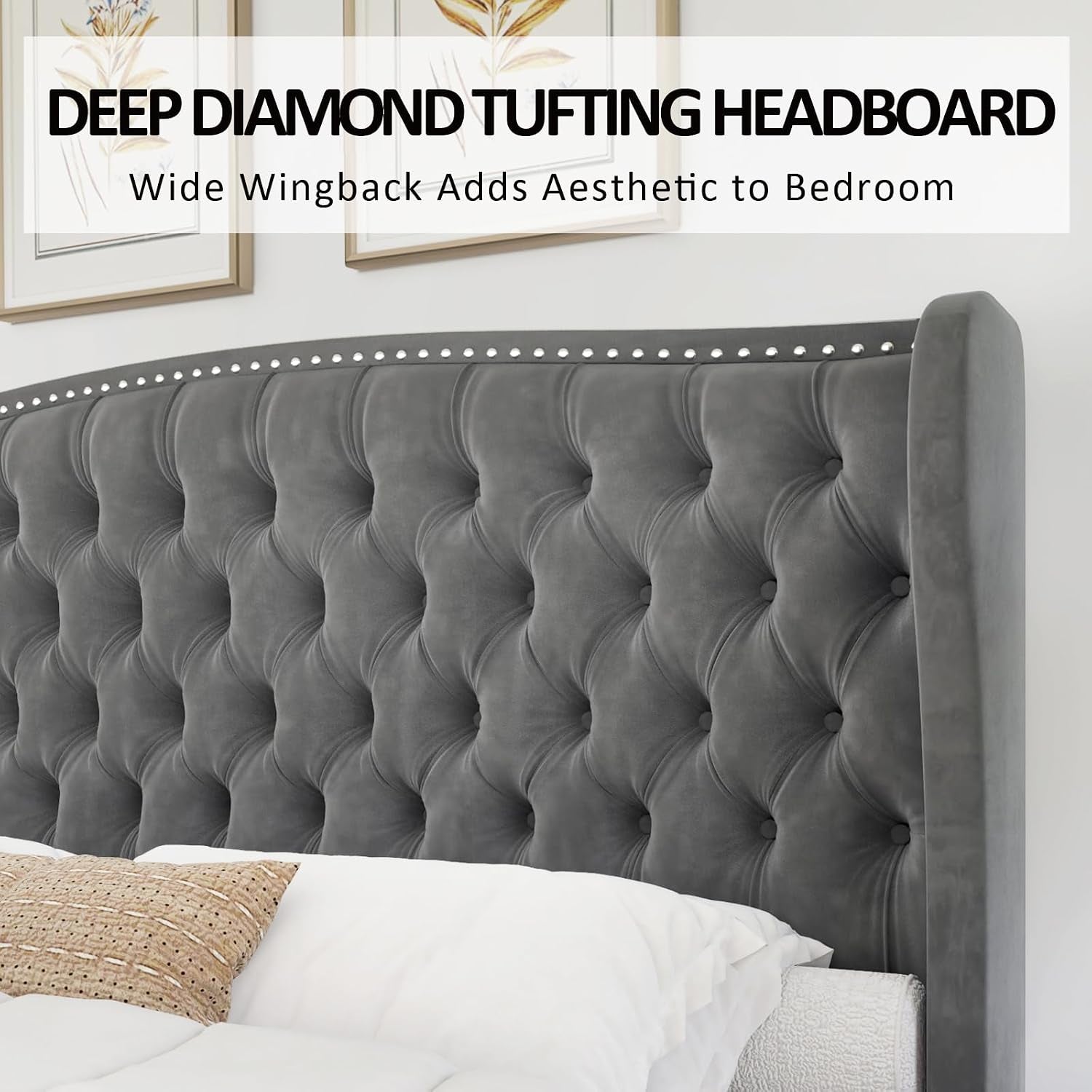 Queen Size Bed Frame with Velvet Upholstered Wingback Headboard