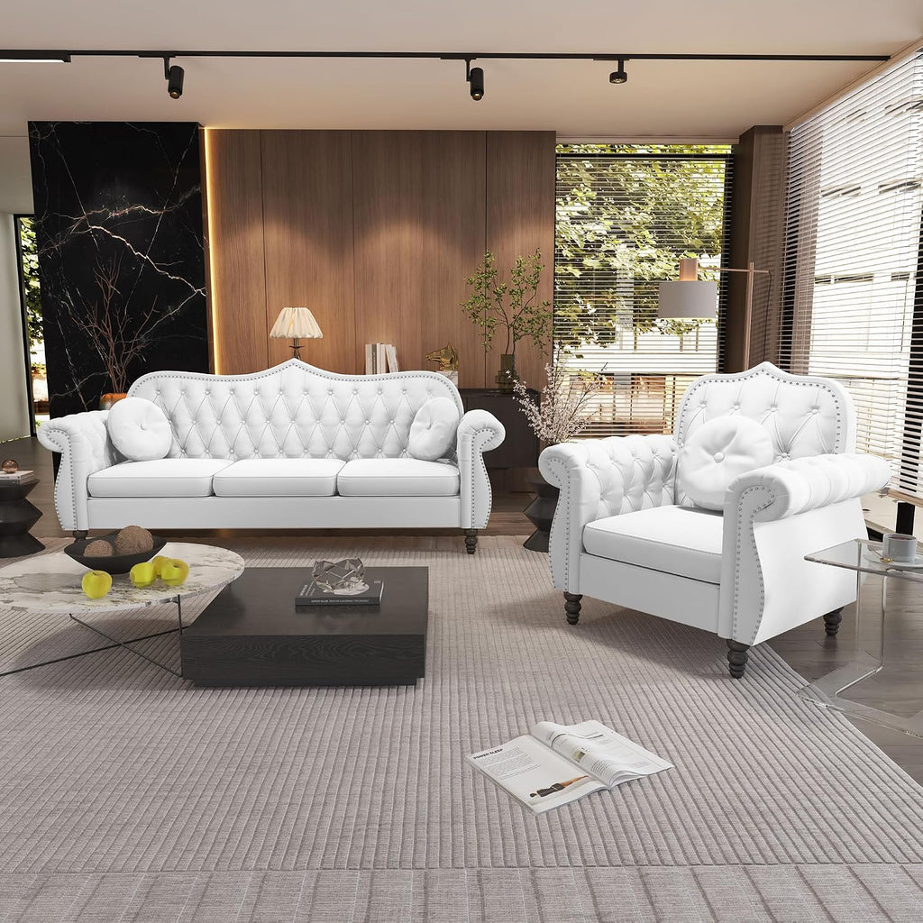 Chesterfield 2-Piece Living Room Sectional Sofa Set, Mid-Century Modern Upholstered Velvet Sofa Couch, Classic Tufted Button Sofa with Nailhead Trim for Living Room, Office (1+3 Seat White)