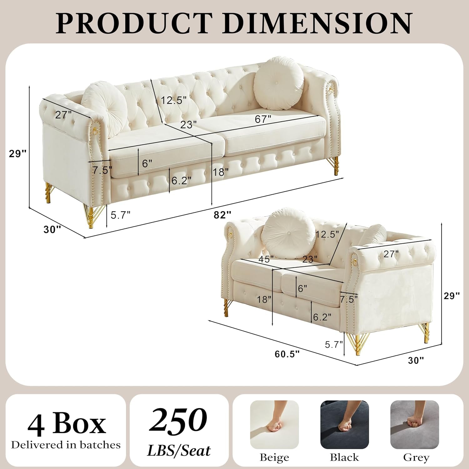 2 Pieces Velvet Chesterfield 82" 3-Seater and 61" Loveseat Sofa Sets with Two Pillows, Featuring Copper Stud Detailing (Beige, 2 Pieces 82" 3-Seater and 61" Loveseat Sofa Sets)