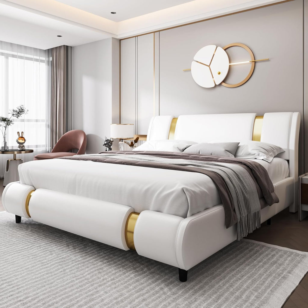 Modern Faux Leather Upholstered Platform Bed Frame with Golden Iron Metal Decor, Adjustable Curved Headboard, Wooden Slats Support, No Box Spring Needed, King Size, White