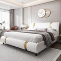 Modern Faux Leather Upholstered Platform Bed Frame with Golden Iron Metal Decor, Adjustable Curved Headboard, Wooden Slats Support, No Box Spring Needed, King Size, White