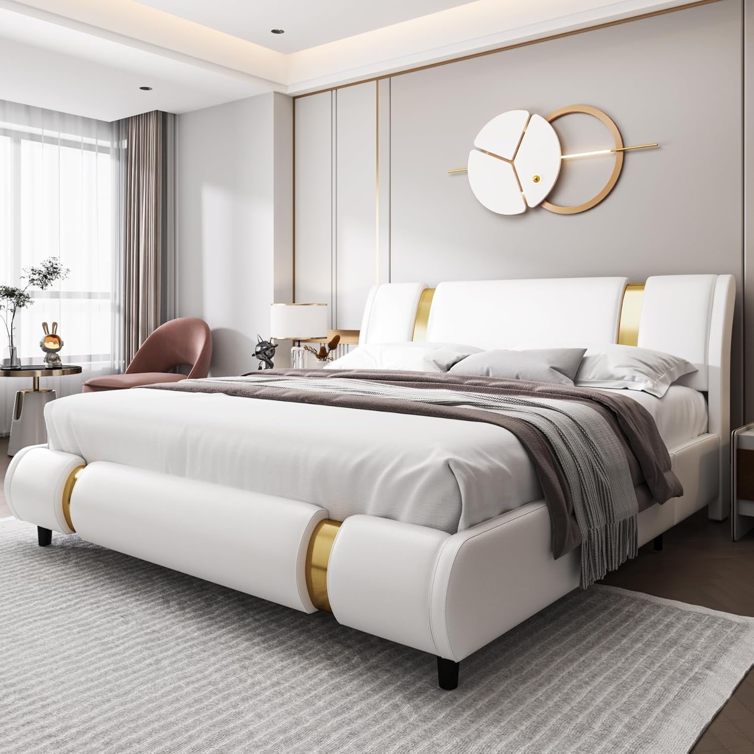 Modern Faux Leather Upholstered Platform Bed Frame with Golden Iron Metal Decor, Adjustable Curved Headboard, Wooden Slats Support, No Box Spring Needed, King Size, White