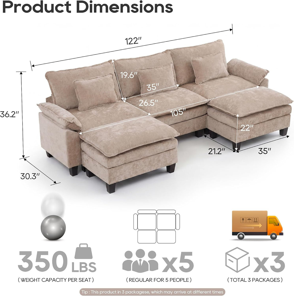 Oversized Modular Sectional Sofa，Khaki：122" U Shaped