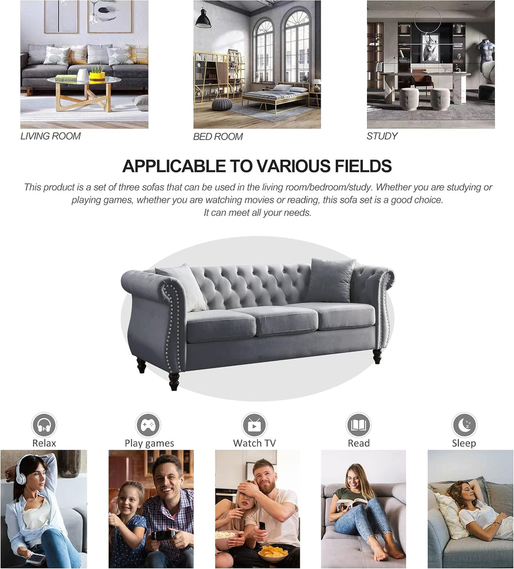 80" 2 Piece 3-Seater Velvet Chesterfield Sofa for Living Room,Combination Sofa with 4 Pillows,Button Tufted Trimming Curved Backrest Rolled Arms with Black Legs (Grey, 80" 3+3 Seat Velvet Sofa Sets)