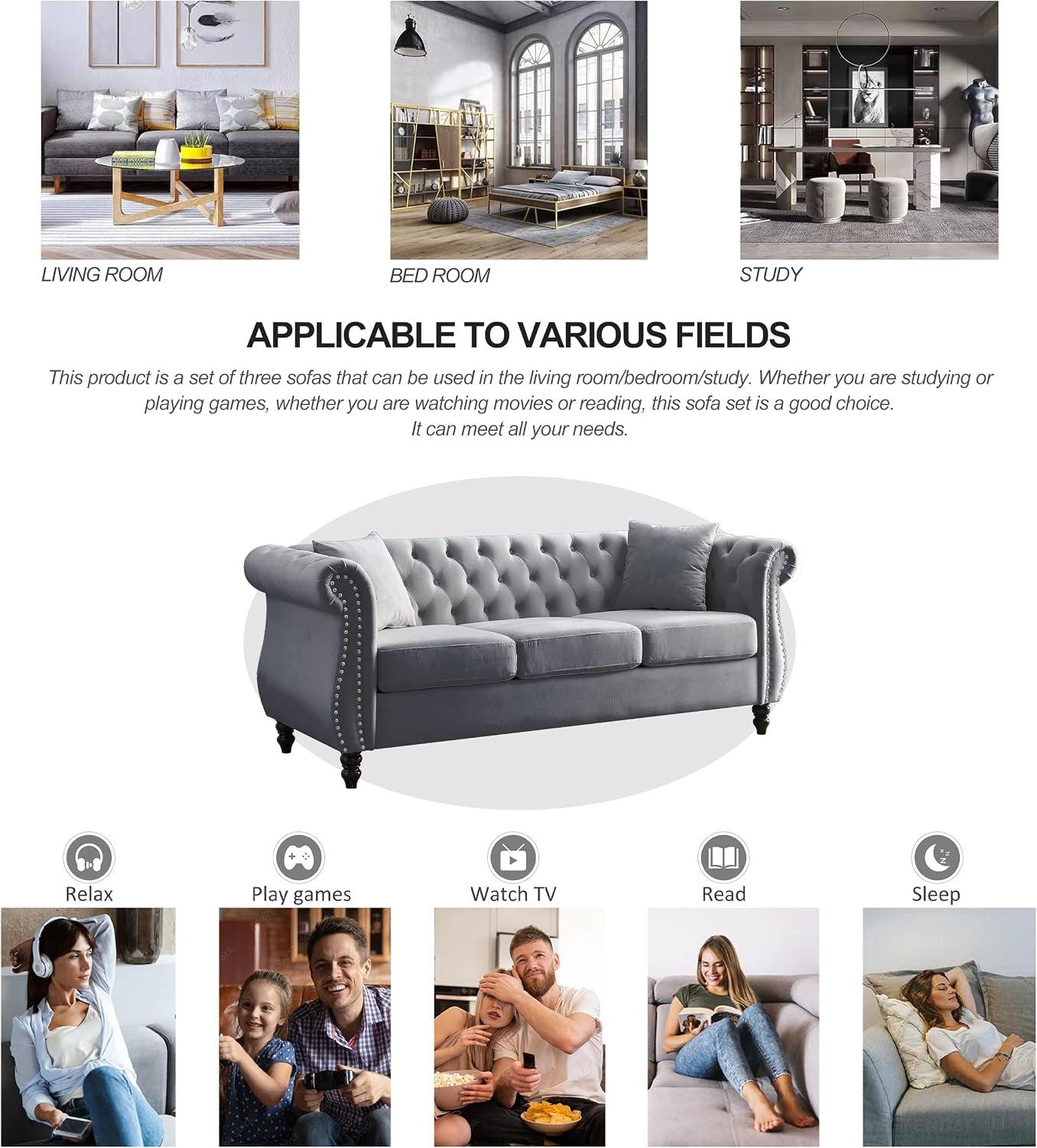 80" 2 Piece 3-Seater Velvet Chesterfield Sofa for Living Room,Combination Sofa with 4 Pillows,Button Tufted Trimming Curved Backrest Rolled Arms with Black Legs (Grey, 80" 3+3 Seat Velvet Sofa Sets)
