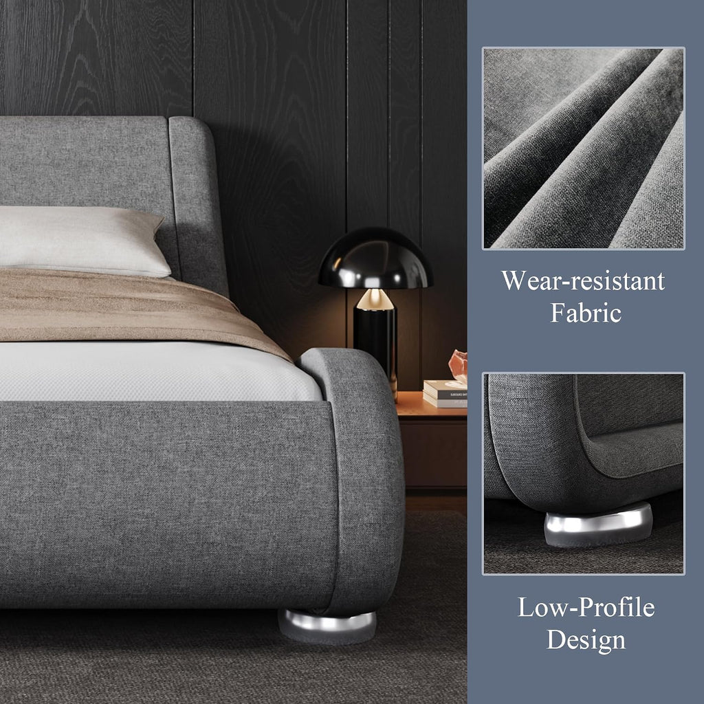 King Upholstered Sleigh Bed Frame with Adjustable Headboard, Grey