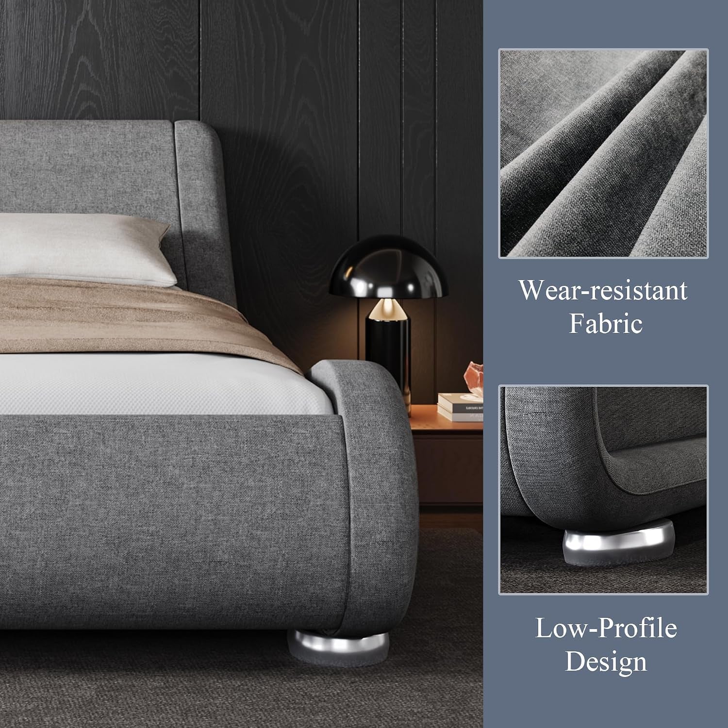 King Upholstered Sleigh Bed Frame with Adjustable Headboard, Grey