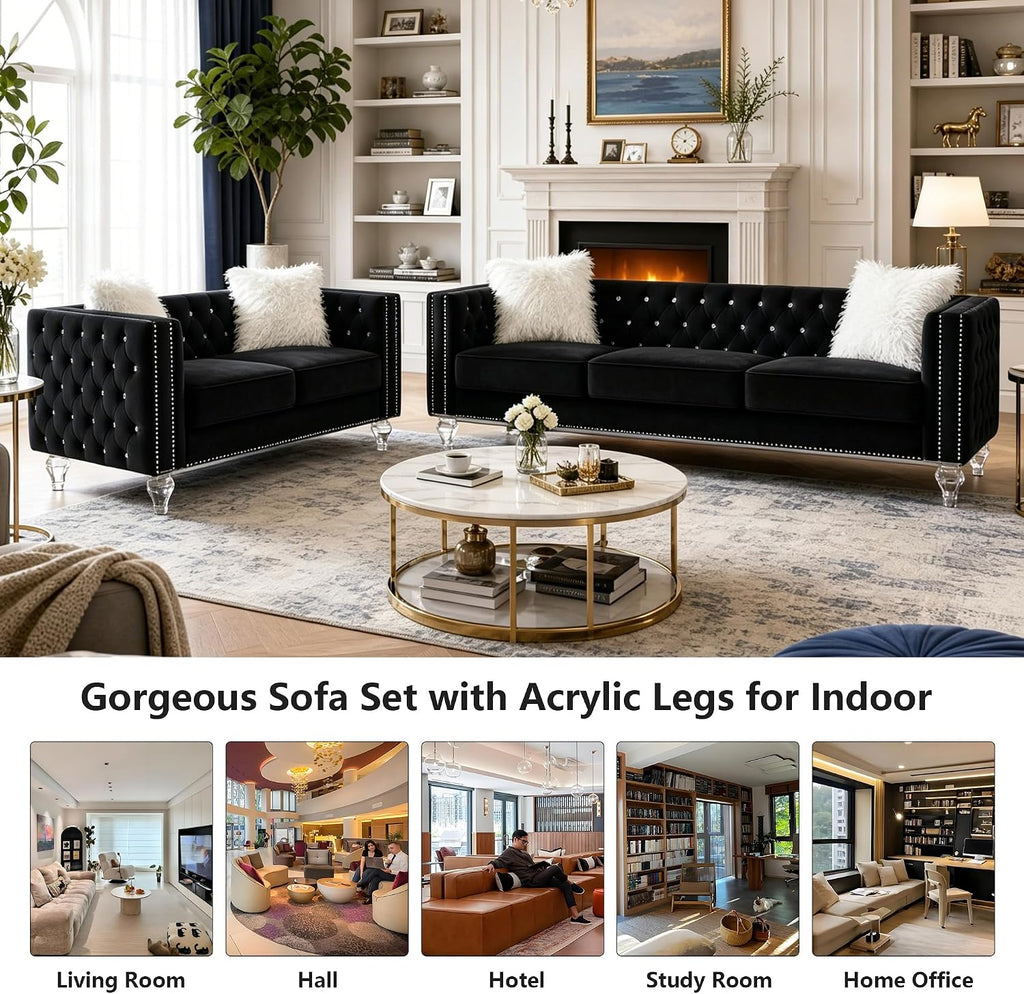 2 Piece Chesterfield Sofa Couch Set for Living Room,Luxury Crystal Button Tufted Sofas with Silver Nailhead Trim Set of 2,Including a Loveseat and a 3 Seater Sofa for Apartment,Velvet Black