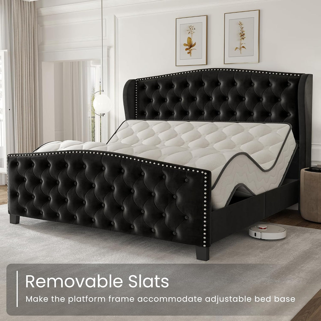 Queen Size Bed Frame Velvet Upholstered Platform Bed with Wingback Headboard & Footbaord, Deep Button Tufted Bed Frame with Wood Slats Support, No Box Spring Needed, Black