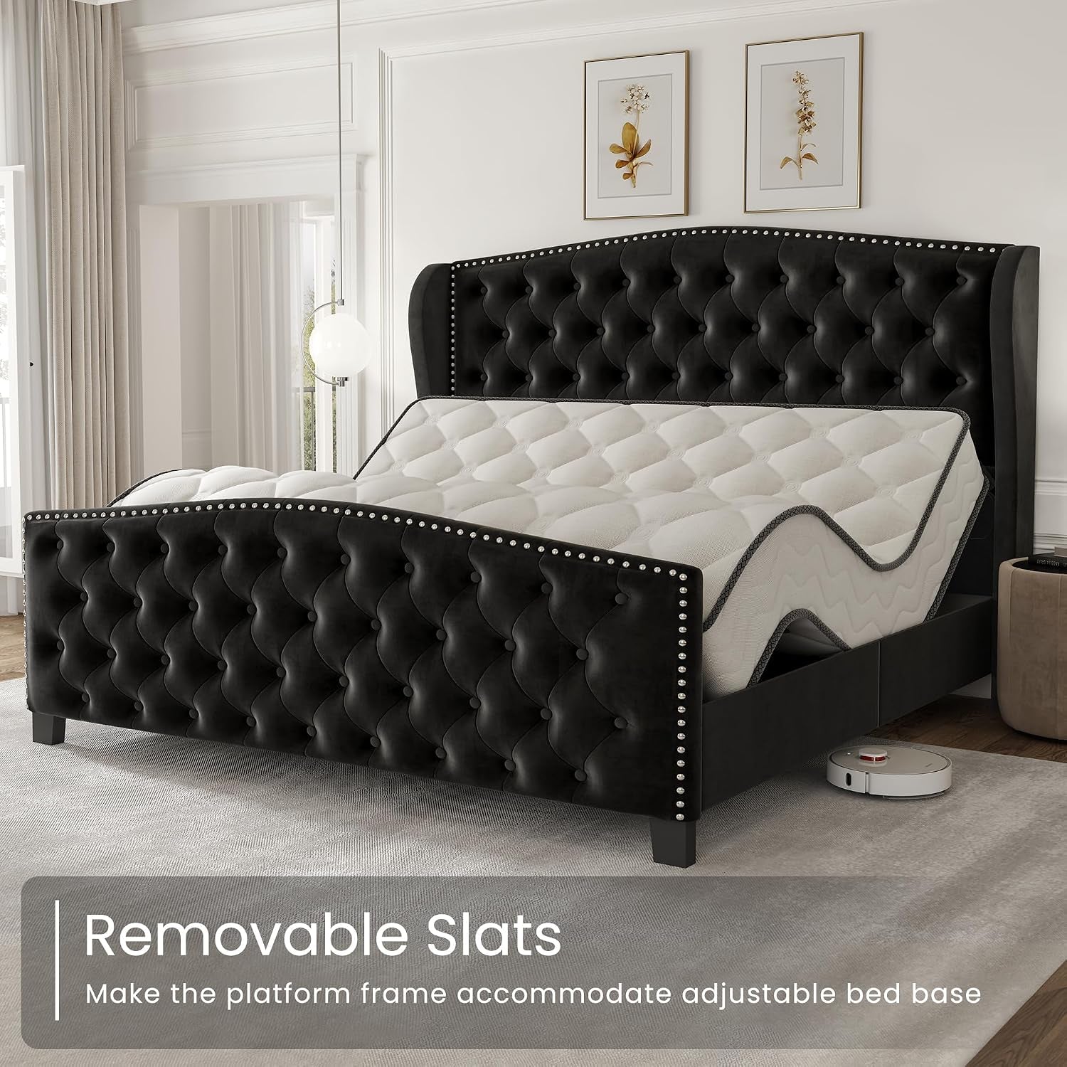 Queen Size Bed Frame Velvet Upholstered Platform Bed with Wingback Headboard & Footbaord, Deep Button Tufted Bed Frame with Wood Slats Support, No Box Spring Needed, Black