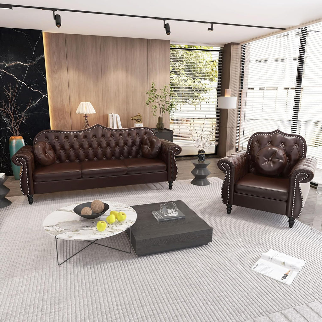 Chesterfield 2-Piece Living Room Sectional Sofa Set, Mid-Century Modern Upholstered PU Sofa Couch, Classic Tufted Button Sofa with Nailhead Trim for Living Room, Office (1+3 Seat Brown)
