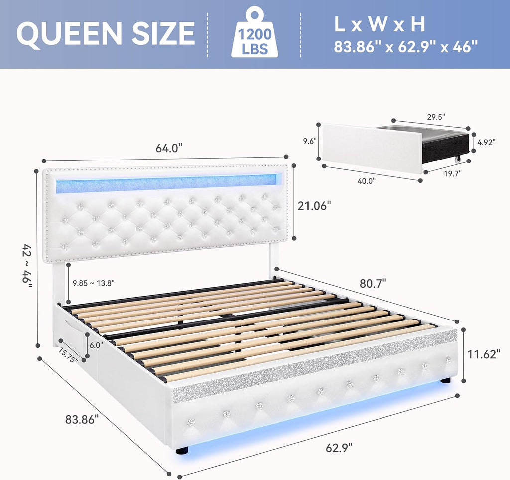 Queen LED Bed Frame with Adjustable Headboard & 2 Drawers, PU White