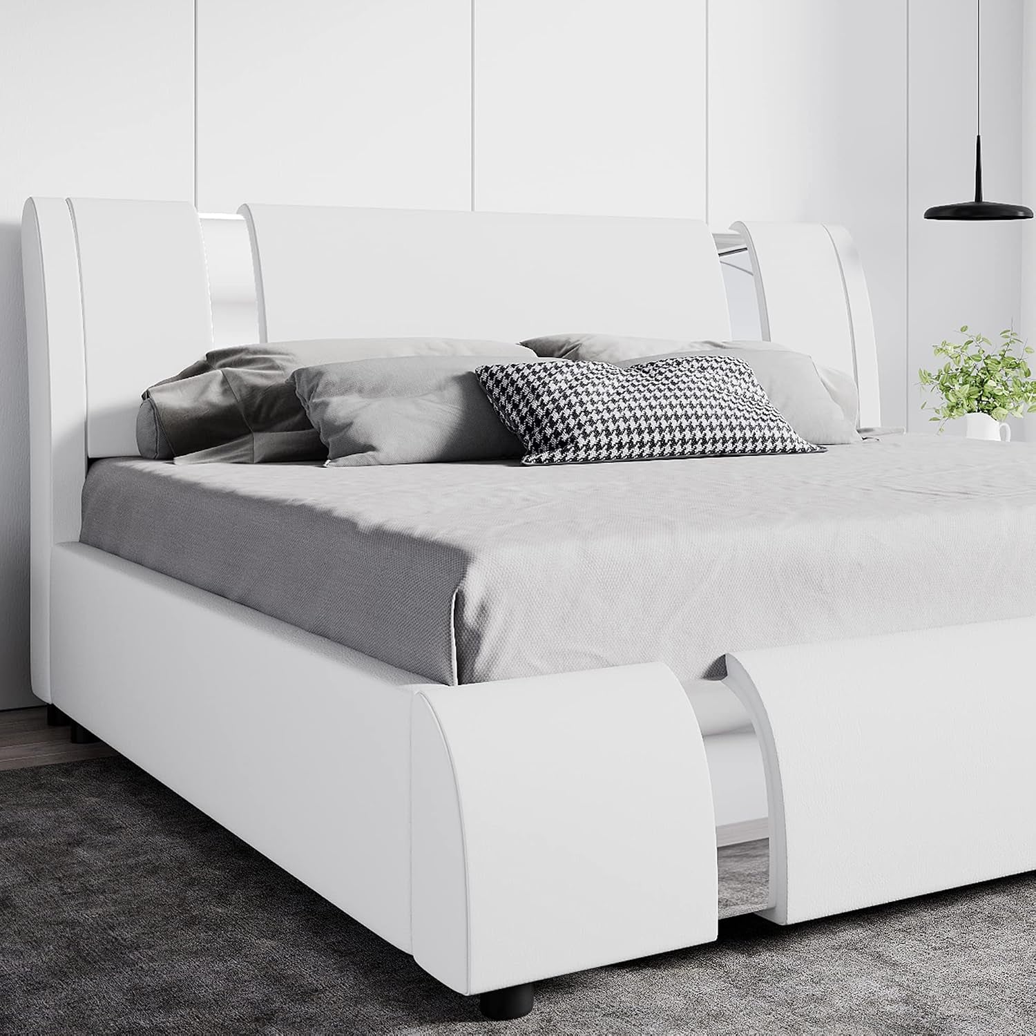 Queen Bed Frame with Iron Pieces Decor, Faux Leather, White