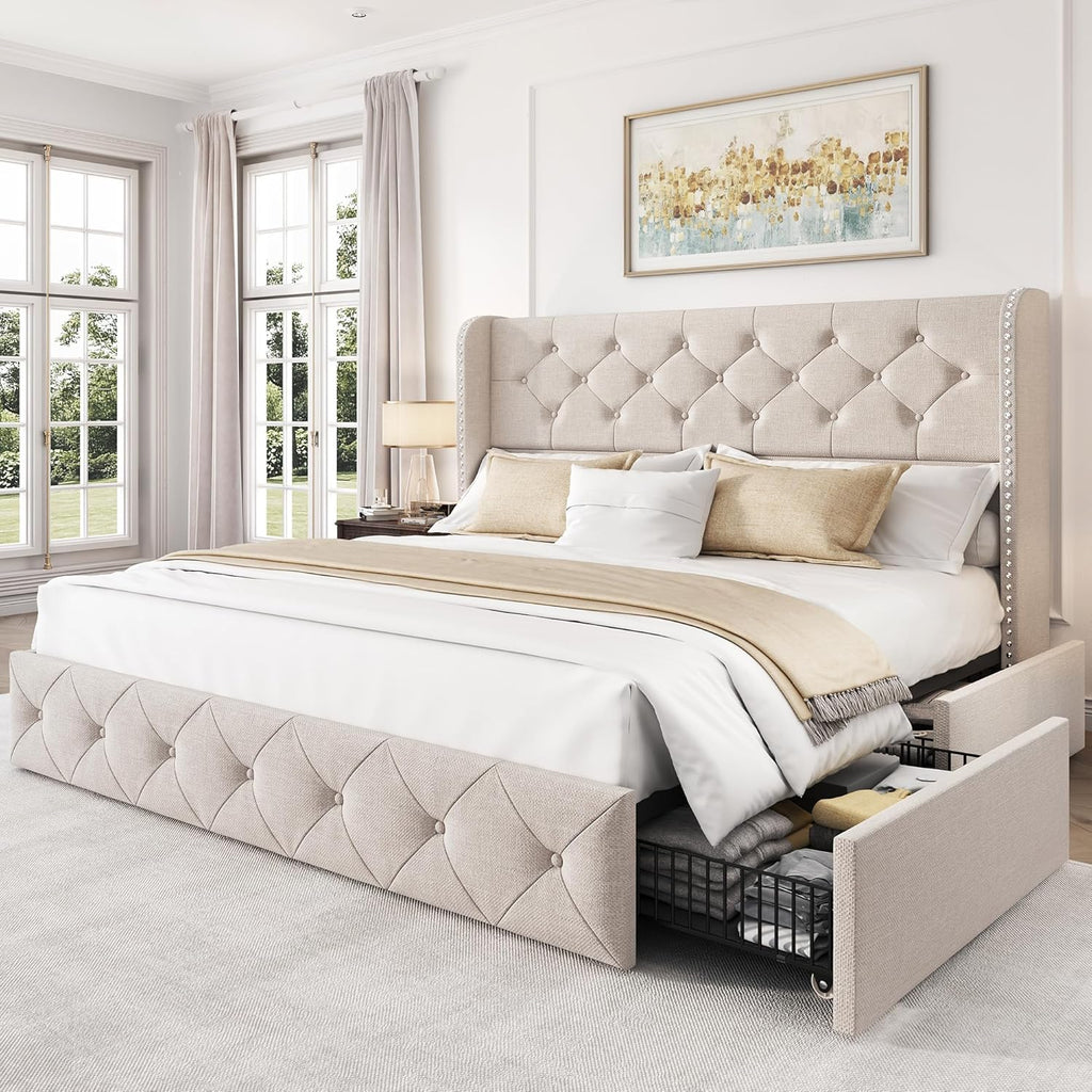 Queen Size Bed Frame with 4 Storage Drawers and 47.2" Tall Tufted Headboard Linen Upholstered Platform Bed Frame Wingback Beds with Wooden Slats Support, Easy Assembly, Beige