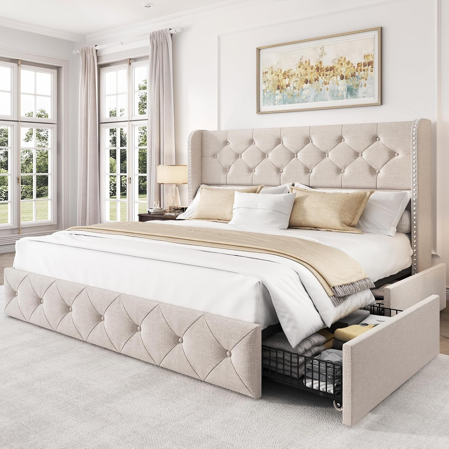 Queen Size Bed Frame with 4 Storage Drawers and 47.2" Tall Tufted Headboard Linen Upholstered Platform Bed Frame Wingback Beds with Wooden Slats Support, Easy Assembly, Beige