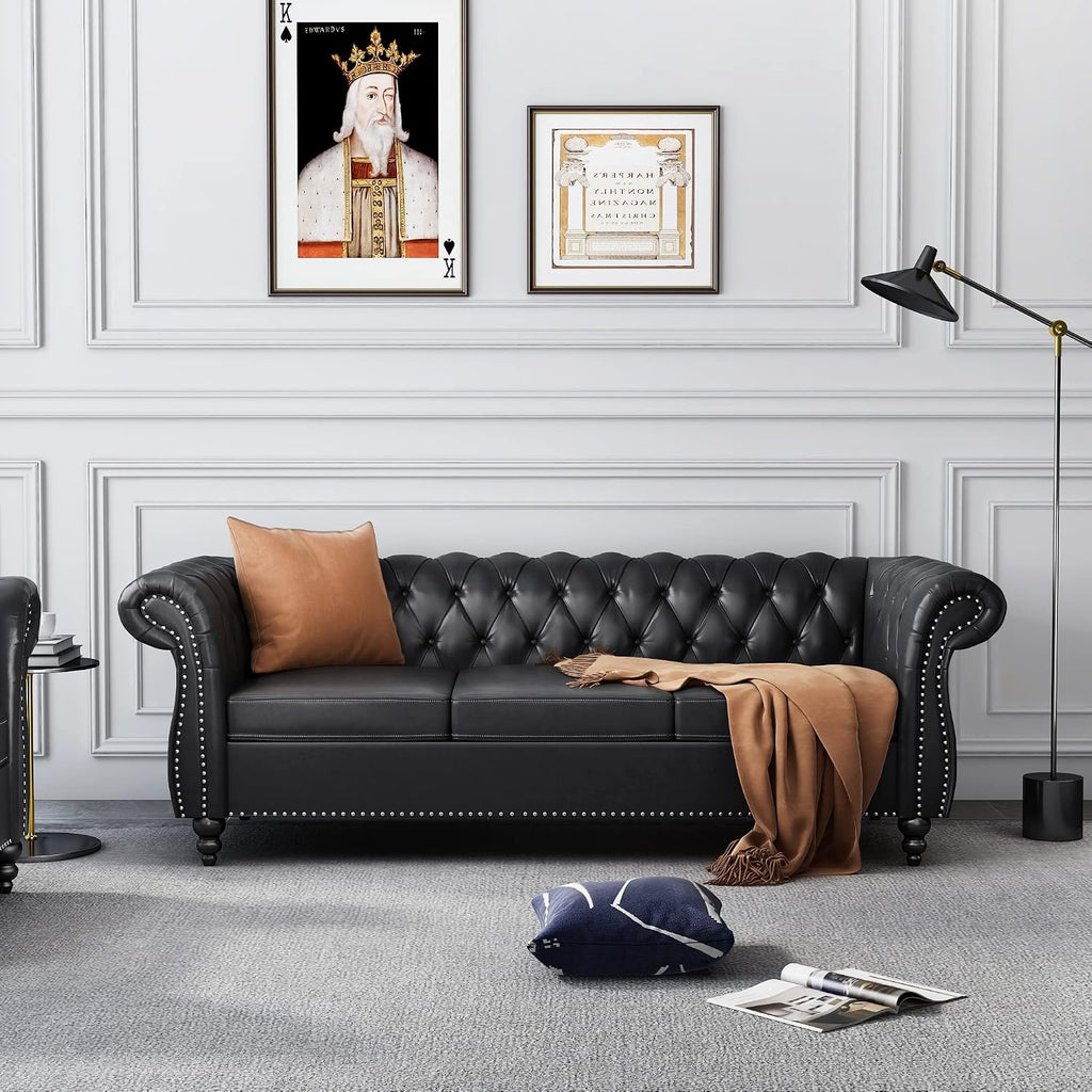 3-Piece Living Room Sectional Sofa Set, Upholstered Sofa Modern Sofa Couches Set Style Button Tufted, PU Chesterfield Sofa for Living Room Apartment, 1+2+3 Seat PU Black