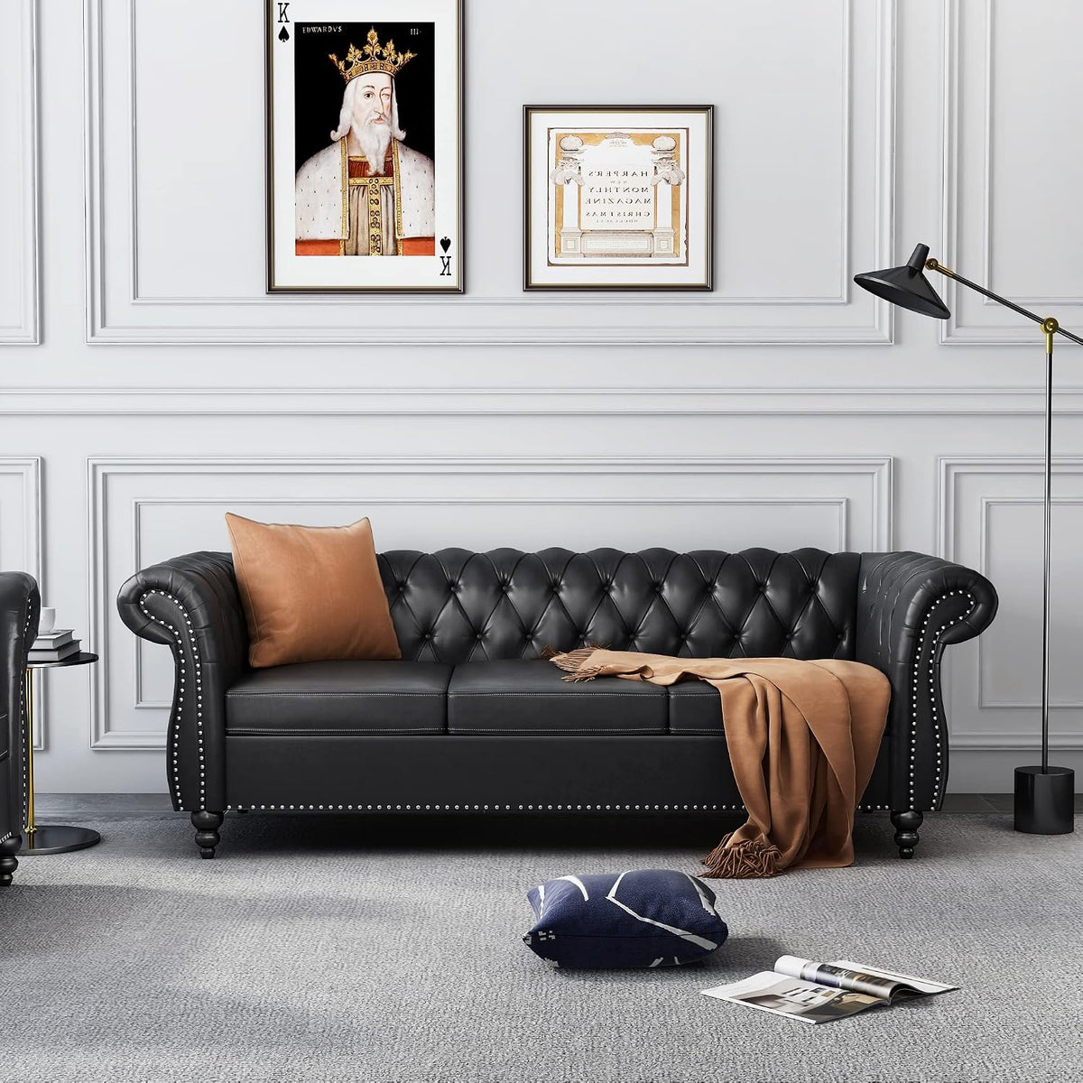 3-Piece Living Room Sectional Sofa Set, Upholstered Sofa Modern Sofa Couches Set Style Button Tufted, PU Chesterfield Sofa for Living Room Apartment, 1+2+3 Seat PU Black