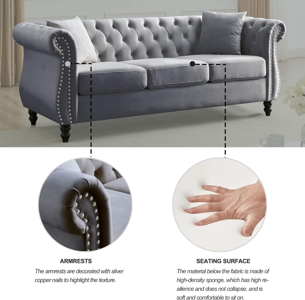80" 2 Piece 3-Seater Velvet Chesterfield Sofa for Living Room,Combination Sofa with 4 Pillows,Button Tufted Trimming Curved Backrest Rolled Arms with Black Legs (Grey, 80" 3+3 Seat Velvet Sofa Sets)