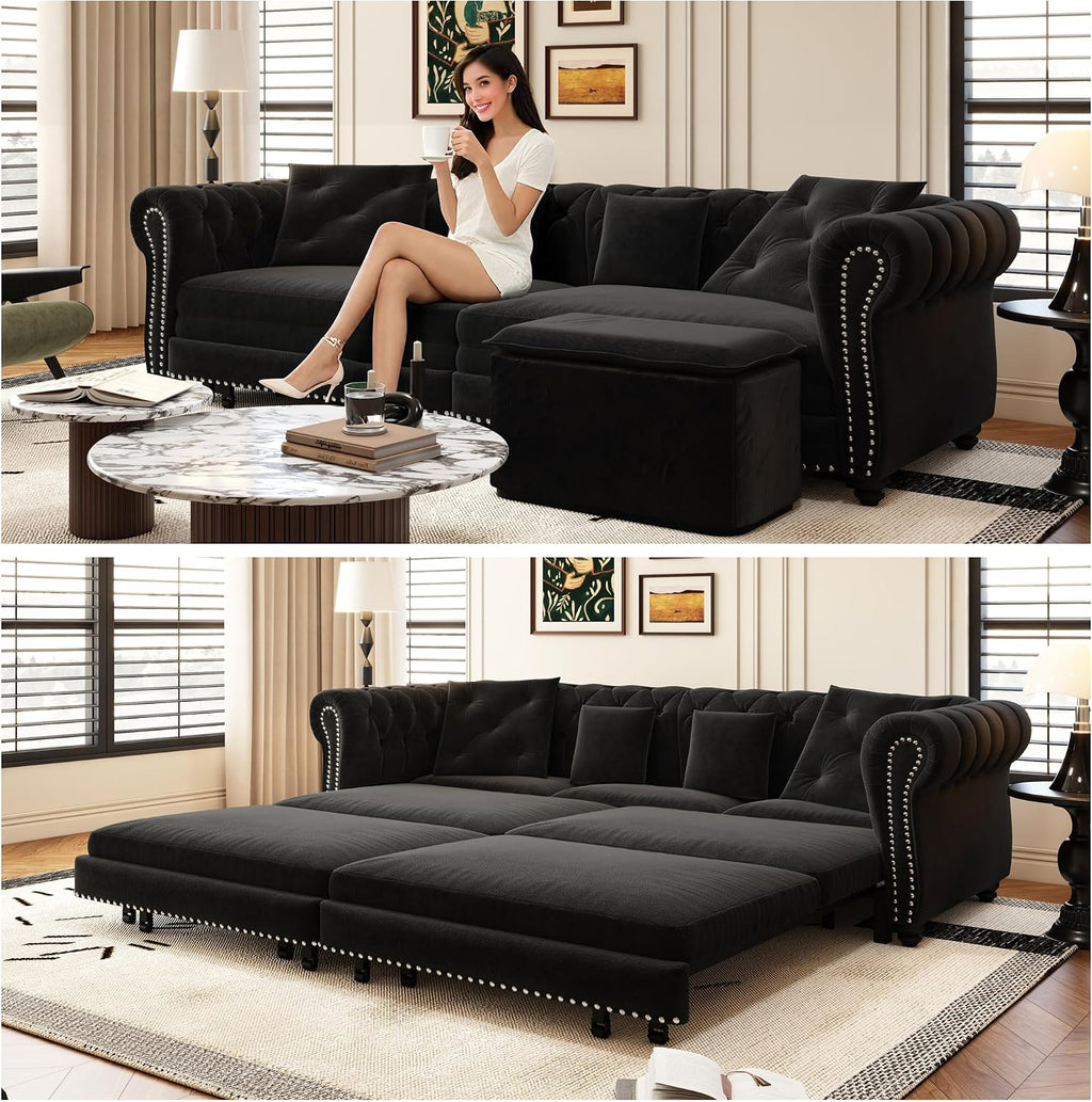 89" King Size Sleeper Sofa Bed, 3-In-1 Convertible Pull Out Chesterfield Sleeper Couch with Ottoman, Oversized Velvet Button Tufted L Shaped Sofa for Living Room Small Spaces (Black)