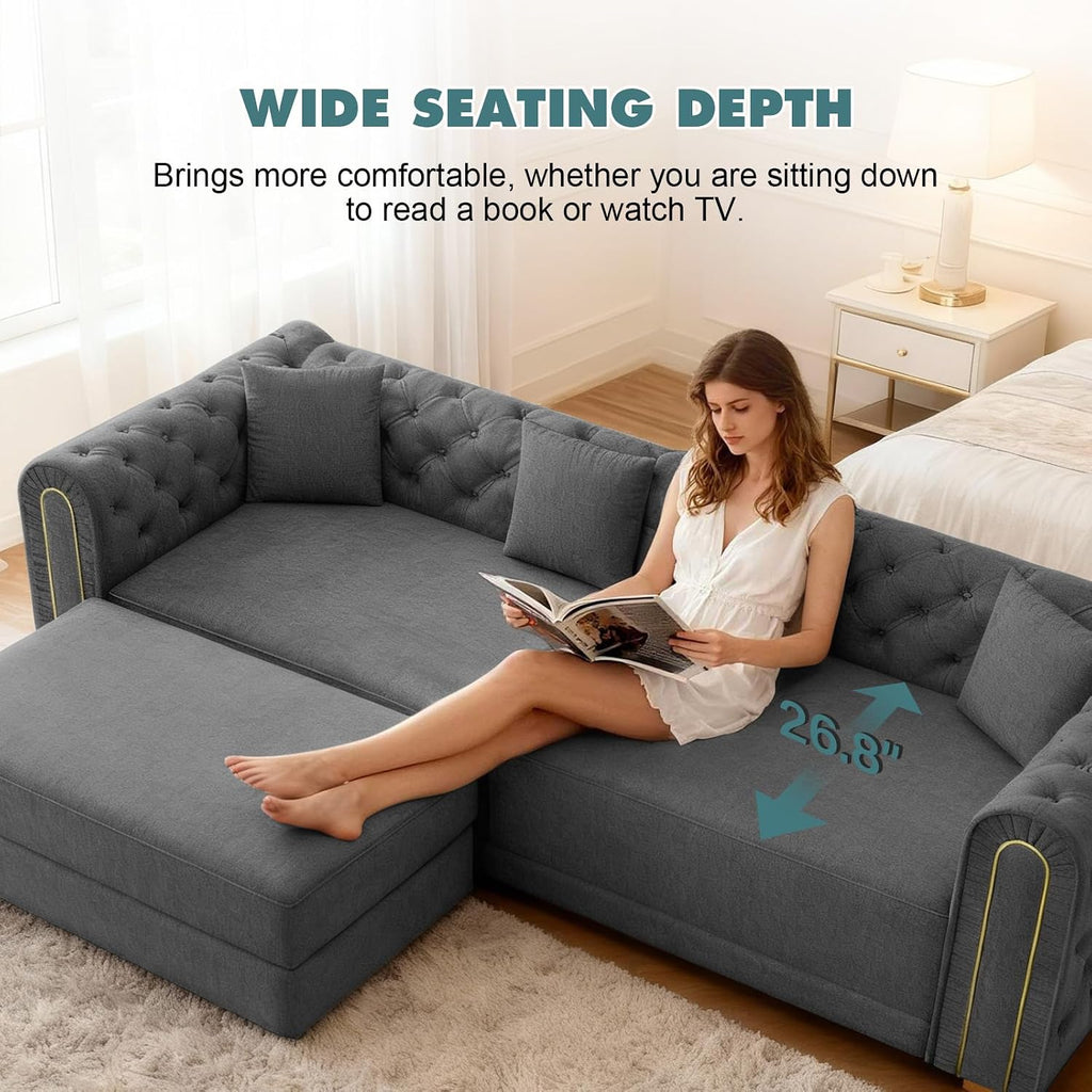 90.6" King Size Sleeper Sofa Bed, 3-In-1 Convertible Foldable Chesterfield Floor Couch with Ottoman, Oversized Velvet Button Tufted L Shaped Sofa for Living Room Small Spaces, Dark Grey