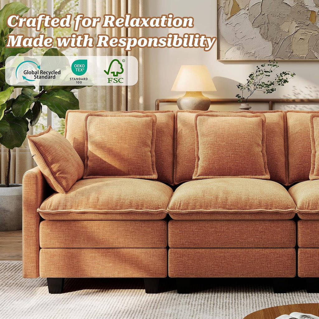 107" Modular Sectional Cloud Sofa, U Shaped 6 Seat Chenille Couch with Movable Ottomans and 48" Deep Seat, Convertible Couches for Living Room, Orange