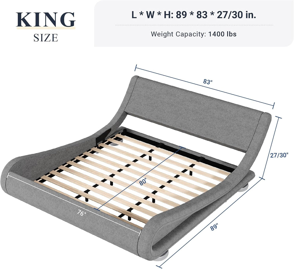 King Upholstered Sleigh Bed Frame with Adjustable Headboard, Grey