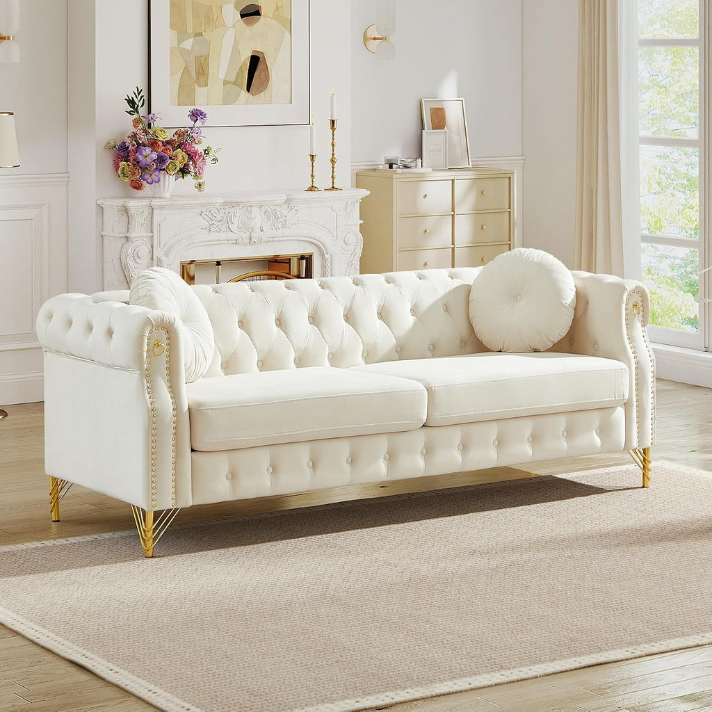 2 Pieces Chesterfield Sofa Set, Velvet Mid Century Modern Couch with Button Tufted & Rivet, Comfy Loveseat Sofa with Armrest Ring & Gold Leg, Cloud 3-Seater Couch for Living Room(60.5"W + 82"W, Beige)