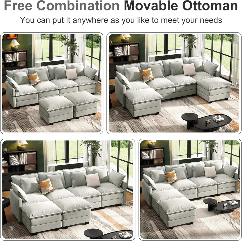 107" Cloud Couch Sectional Modular Sofa, Deep Seat Couches with Ottoman and Removable Washable Pillows for Living Room, Bedroom, Apartment, Light Grey