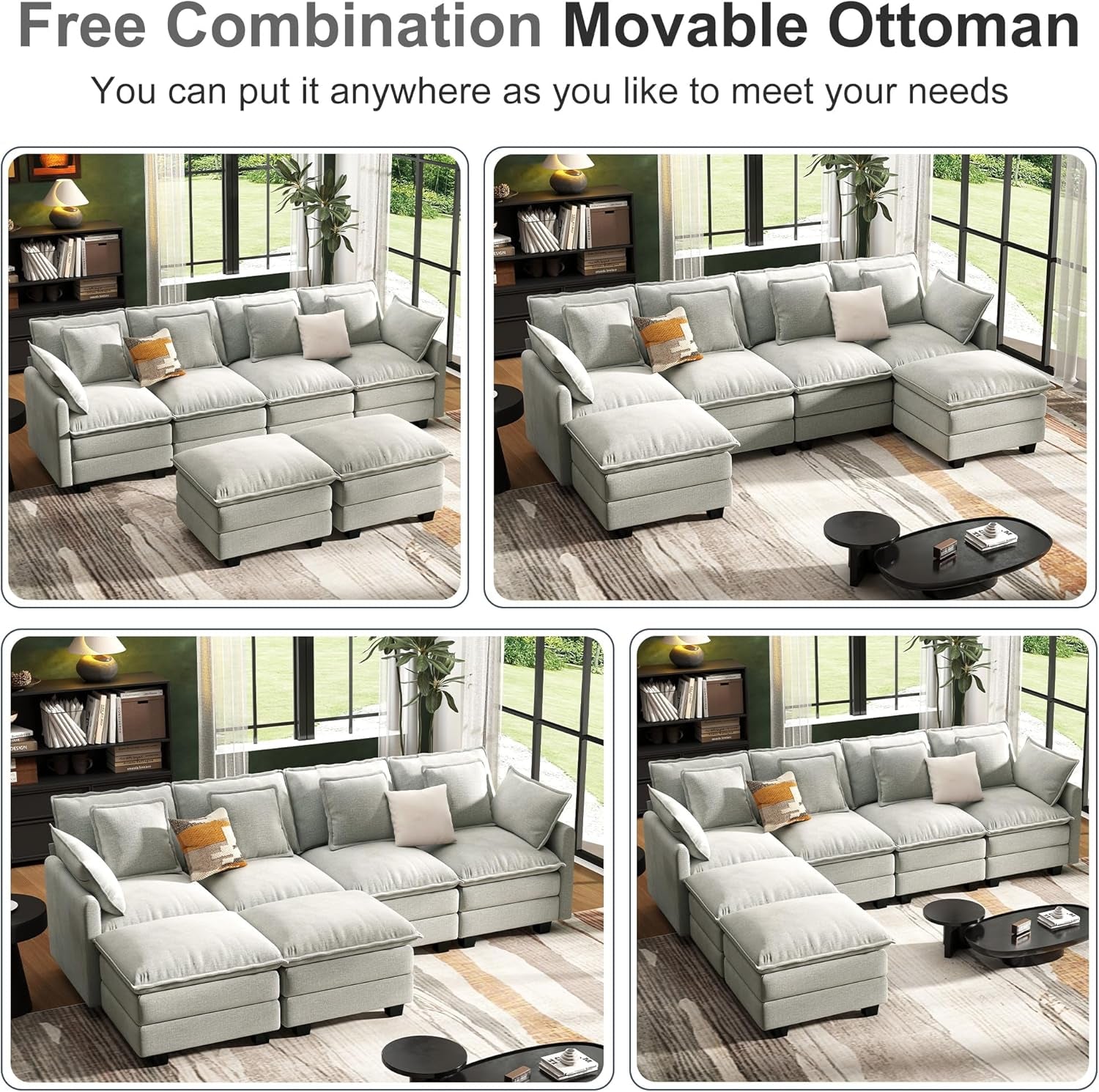 107" Cloud Couch Sectional Modular Sofa, Deep Seat Couches with Ottoman and Removable Washable Pillows for Living Room, Bedroom, Apartment, Light Grey