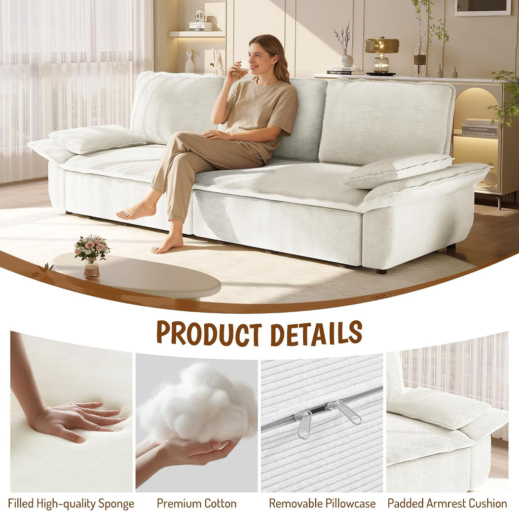 94.5" King-Size 3-In-1 Convertible Sleeper Sofa, Oversized Pull-Out Couch with Cloud-Style Deep Seat, Corduroy Reclining Loveseat for Home Theater & Family Living